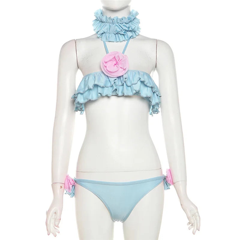3D Floral Appliques Ruffled Bikini Set - Image 5
