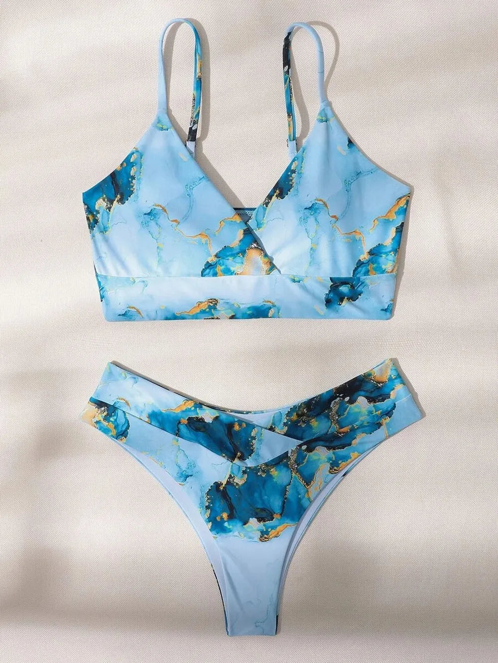 Marble Print Bandeau Push-Up Bikinis - Image 5